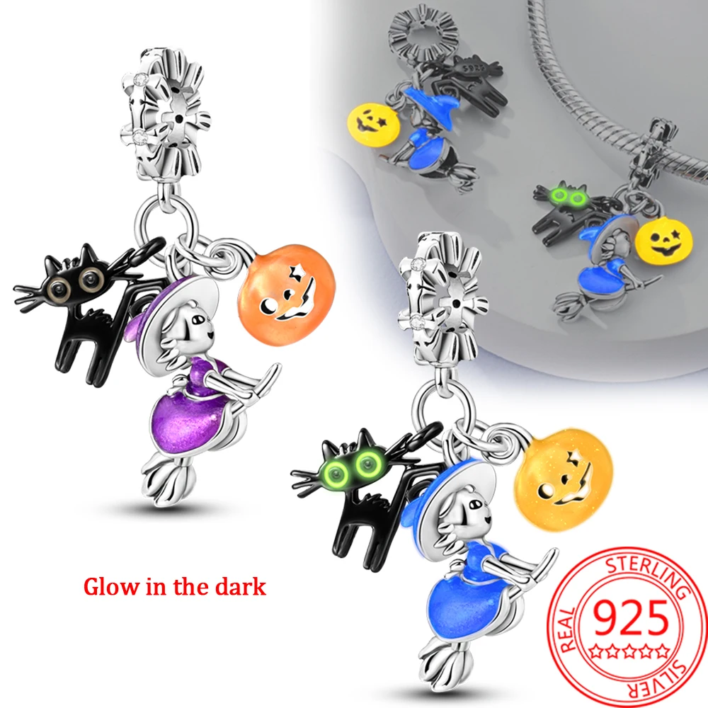 Cute 925 Sterling Silver Glow-in-the-dark Witch Black Cat Pumpkin Dangle Charm Fit Pandora Bracelet Halloween Necklace Pendant