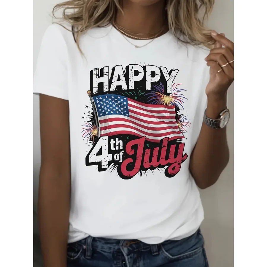 【New Arrival】Women Happy 4th of July Distressed USA Flag Firework Print T-Shirt Patriotic Independence Day Casual Short Sleeve Cotton Tops