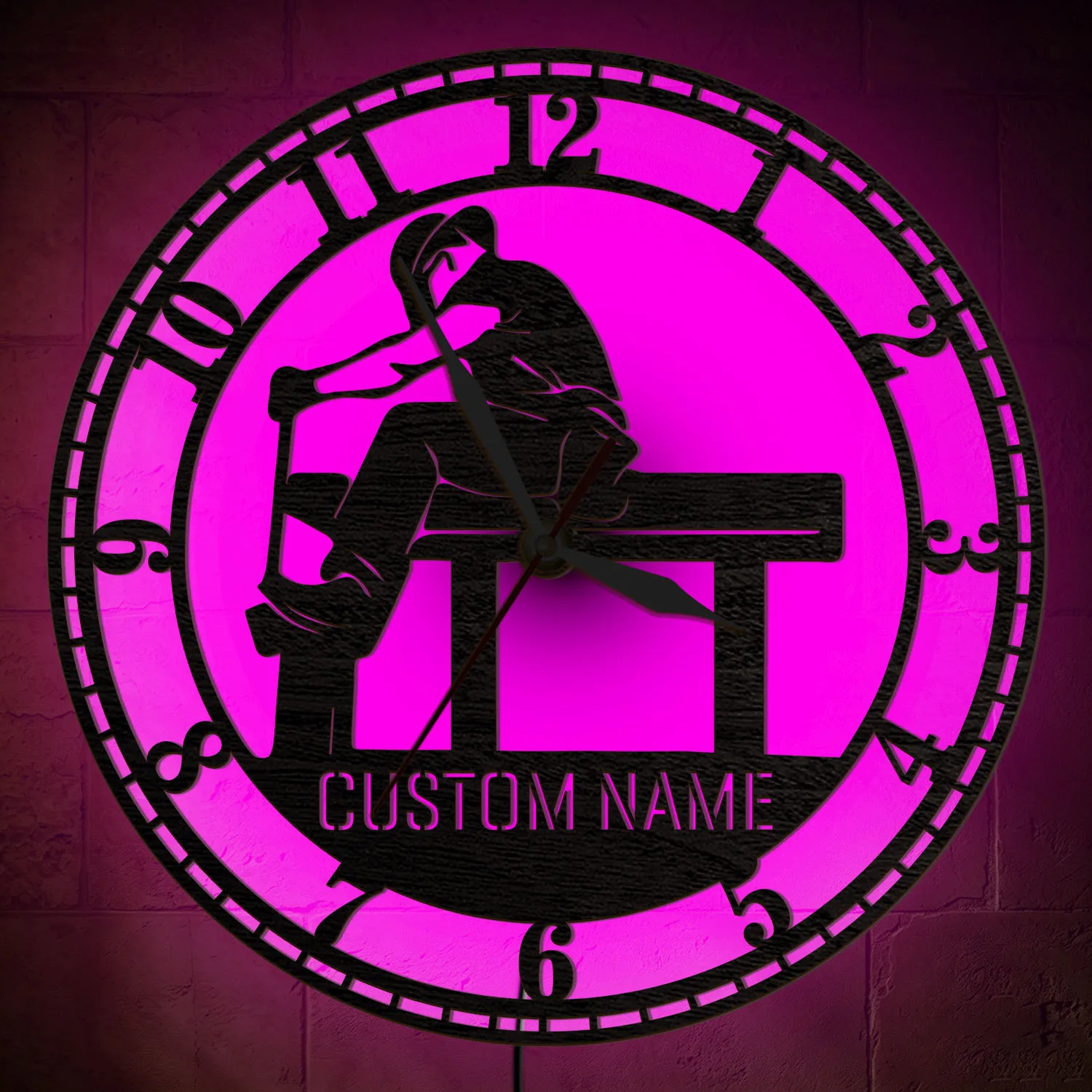 Custom Ironworker Name Wooden Wall Clock with LED Light Construction Worker Silhouette Color Changing Personalized Wall Clock