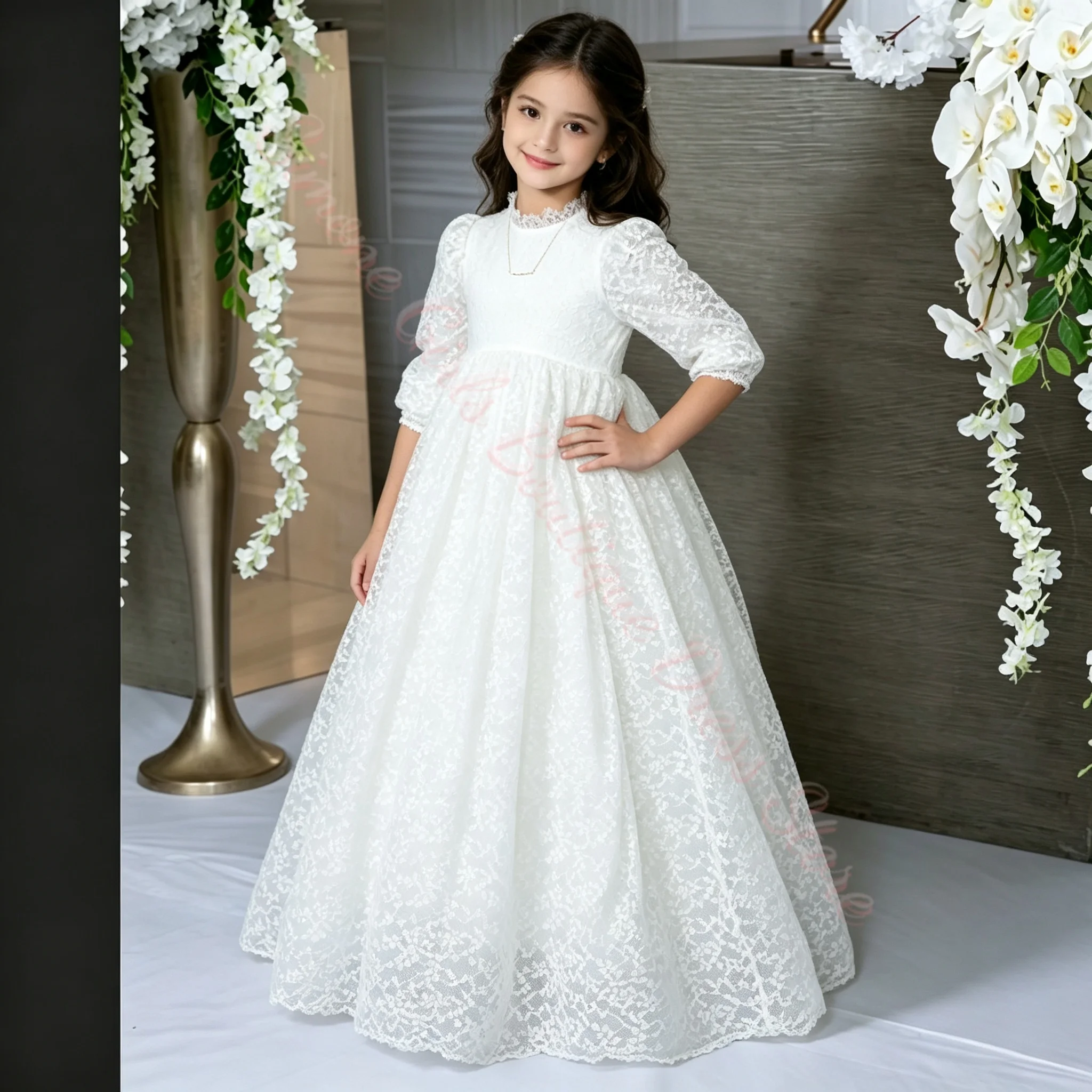 White Puffy Flower Girl Dress for Wedding High Neck Lace 3/4 Sleeves First Communion Kids Birthday Party Ball Gown Customized