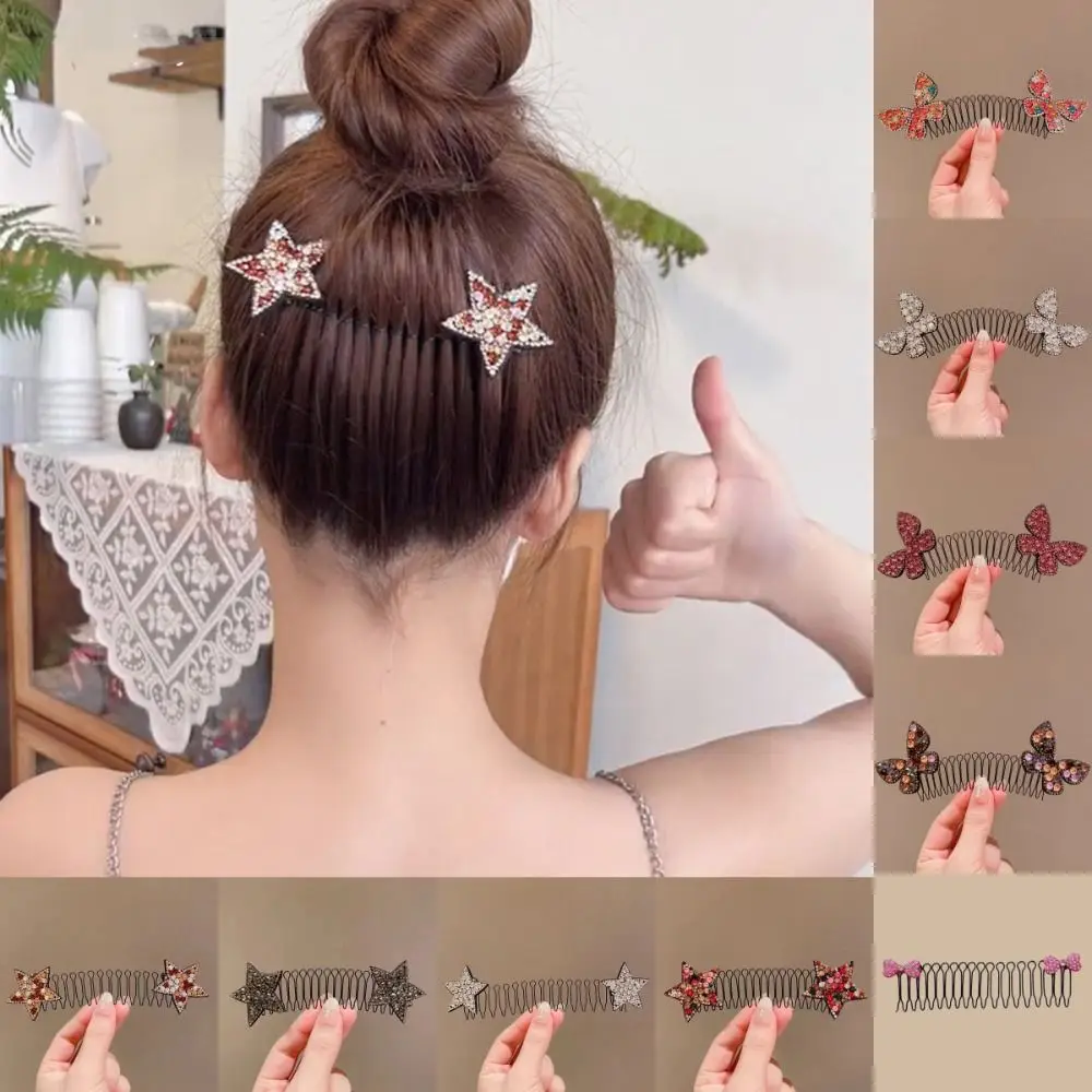 Bonito strass u forma estilo de cabelo pente borboleta arco pentes fixos headwear estrela invisível extra suporte de cabelo senhora
