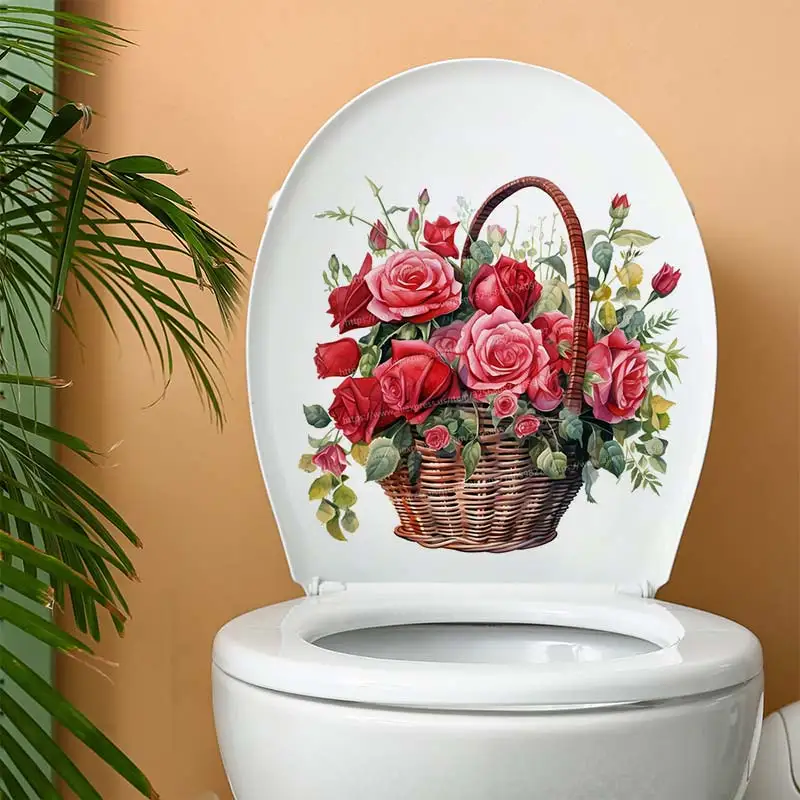 Red Roses in a Basket Watercolor Bouquet Wall Sticker Bathroom Toilet Decor Living  Refrigerator Home Decoration Decals S123