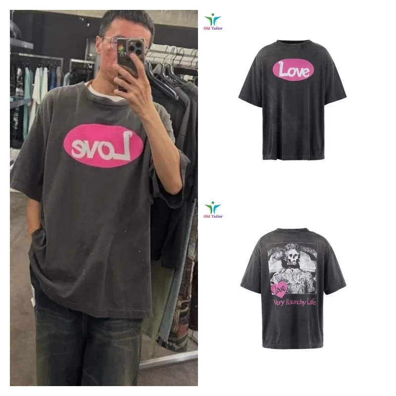 

Latest Mens Womens 25SS SAINT Vintage Print LOVE Skull Print Casual Highest Quality Washed Short Sleeve T-Shirt