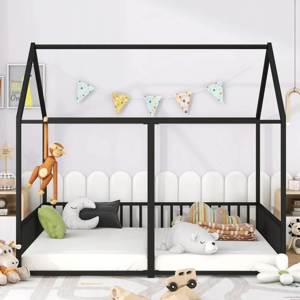 

Bed Metal Double Twin Size House Platform Beds Two Shared Twin Bed,Heavy Duty Low Floor House Bed Frame with Roof Guardrails