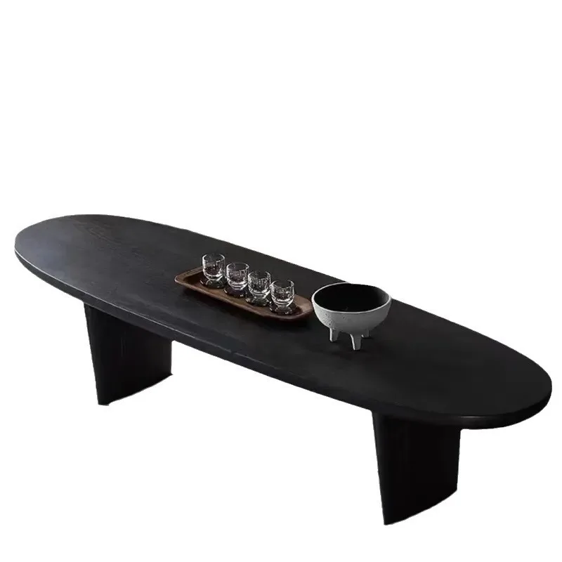 

Black solid wood coffee table, oval Nordic simple living room household small apartment log table