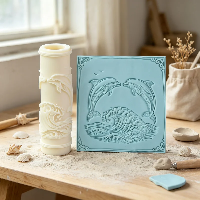 Ocean Dolphin Texture Roller, 3D Embossed Wave Pattern Rolling Tool for DIY Candle Soap Clay Resin Plaster Craft