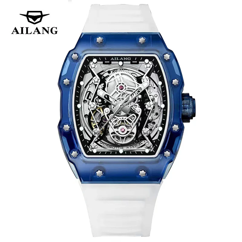 

AILANG 8109 Brand Fashion Hollow Tonneau Mechanical Watch for Men Sport Silicone Strap Luxury Automatic Skeleton Watches Mens