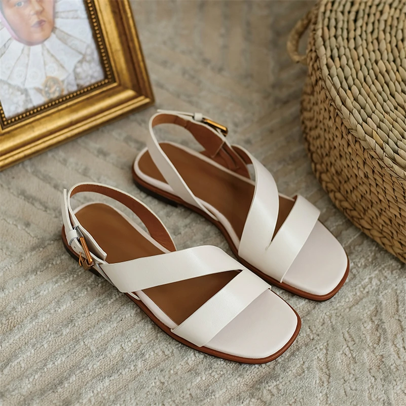 Meotina Women Genuine Leather Sandals Square Toe Flats Buckle Concise Design Ladies Fashion Casual Shoes Summer White Brown 40