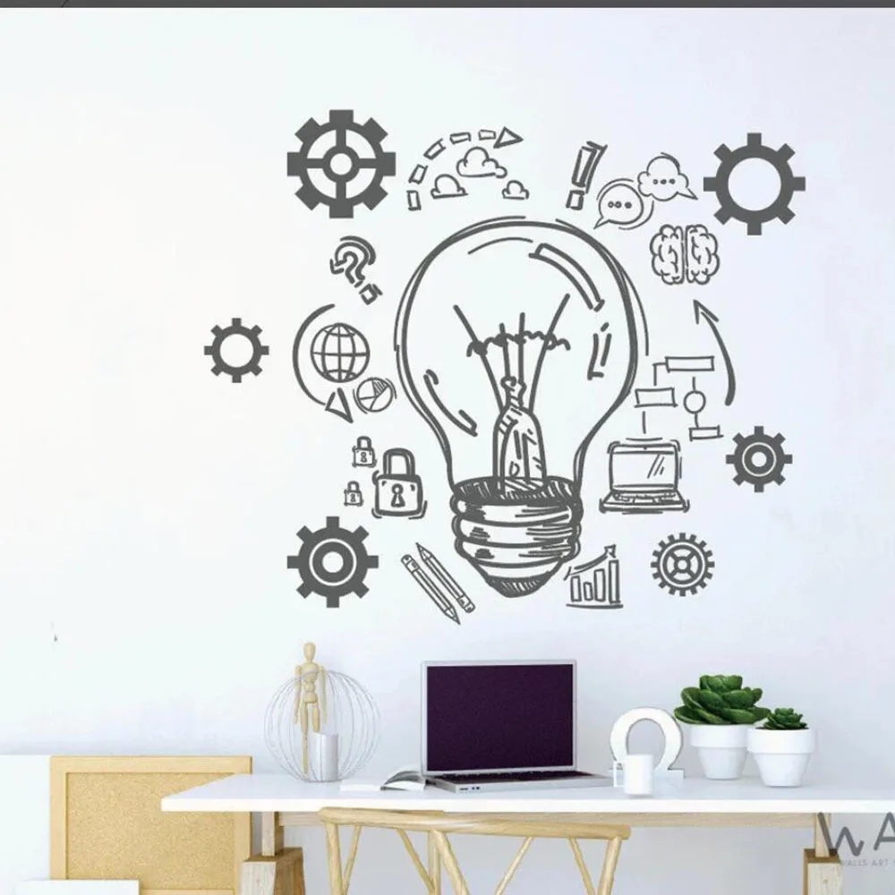 Large Lightbulb Inspire Words Business Office Wall Sticker Gear Success Teamwork Corperation Motivational Quote Wall Decal