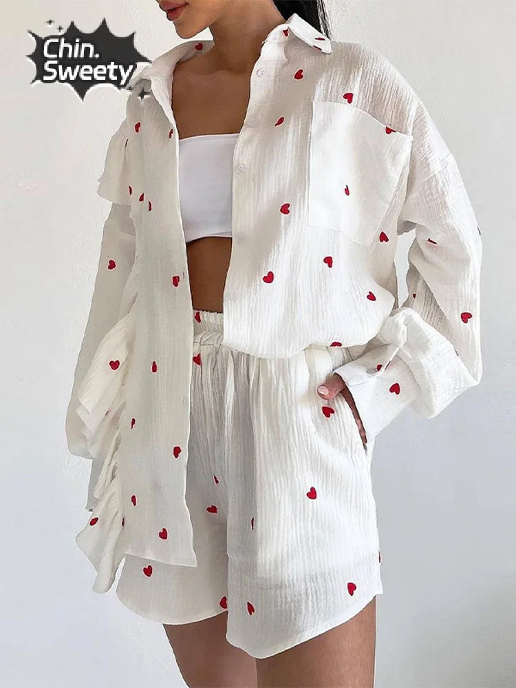 

Women's Love Print Single Breasted Long Sleeved Top Set Pleat Pocket Top Elastic Waist Shorts Suit Summer High Street Lady Sets