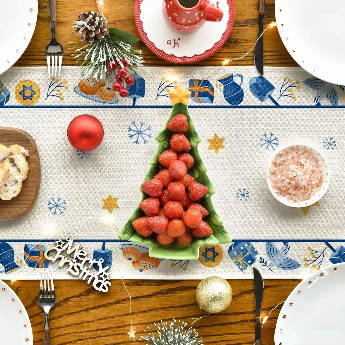 مفرش طاولة هانوكا بتصميم الشمعدان، ديكور يهودي من الكتان لحفلات العطلات والاحتفال بالمزرعة