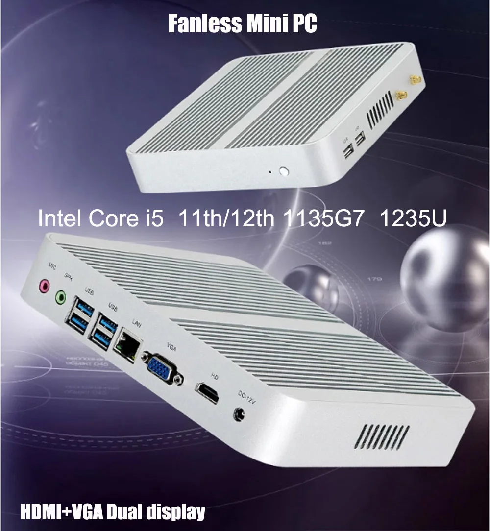 Мини-ПК без вентилятора, Intel i5 1135G7 1235U, HDMI, VGA, два дисплея