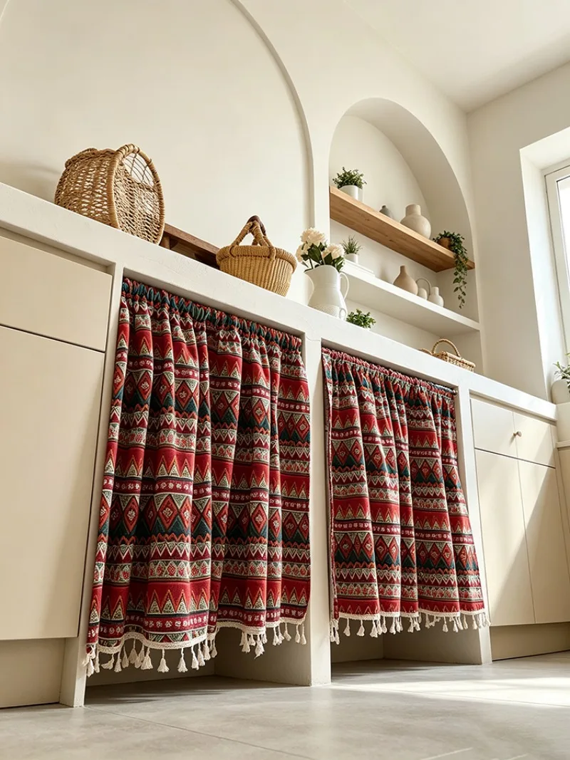 Bohemian Geometric Small Curtain, Drill-Free Privacy Divider Dustproof Decor Curtain for Home, Kitchen & Café,Multi-Scenario Use