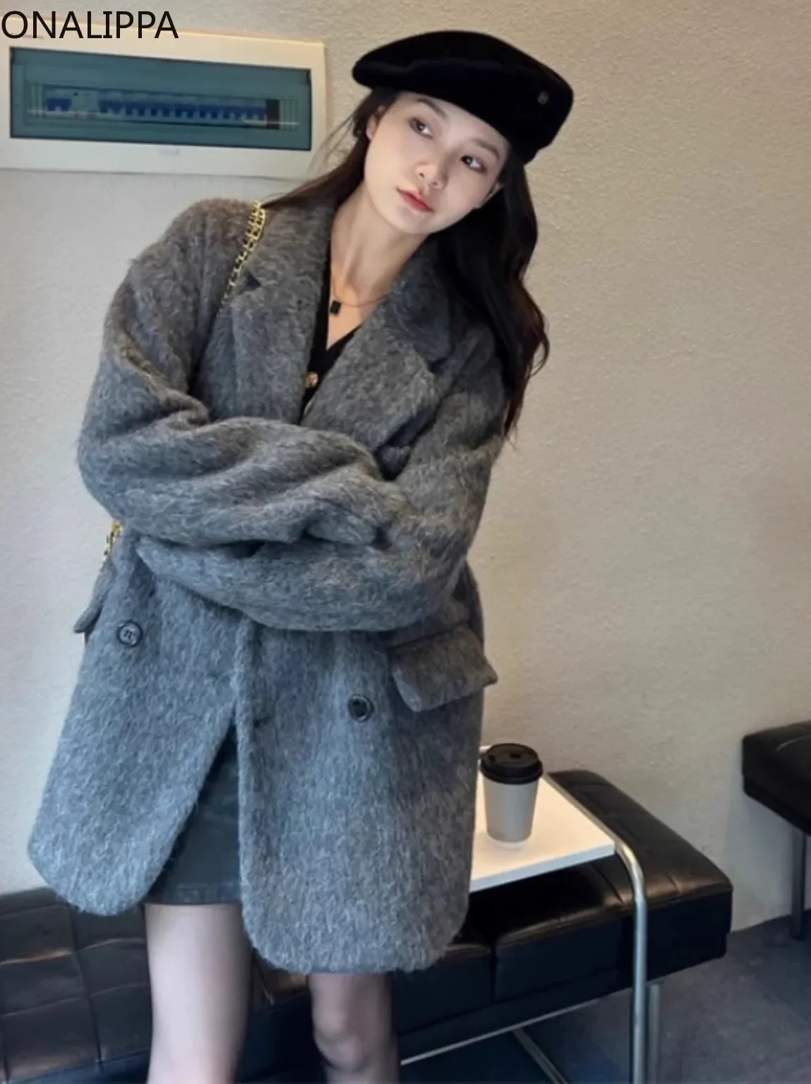 Onalippa Notched Collar Wool Coat Women Solid Double Breasted Jackets Korean Loose Mid-length Winter Women Coat Warm 2022