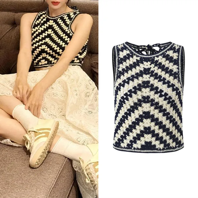 

High-End European Sle Color Blo Knitted Hook Flower Hollow out Svel Women's Tank Top ort Length Faionable Top