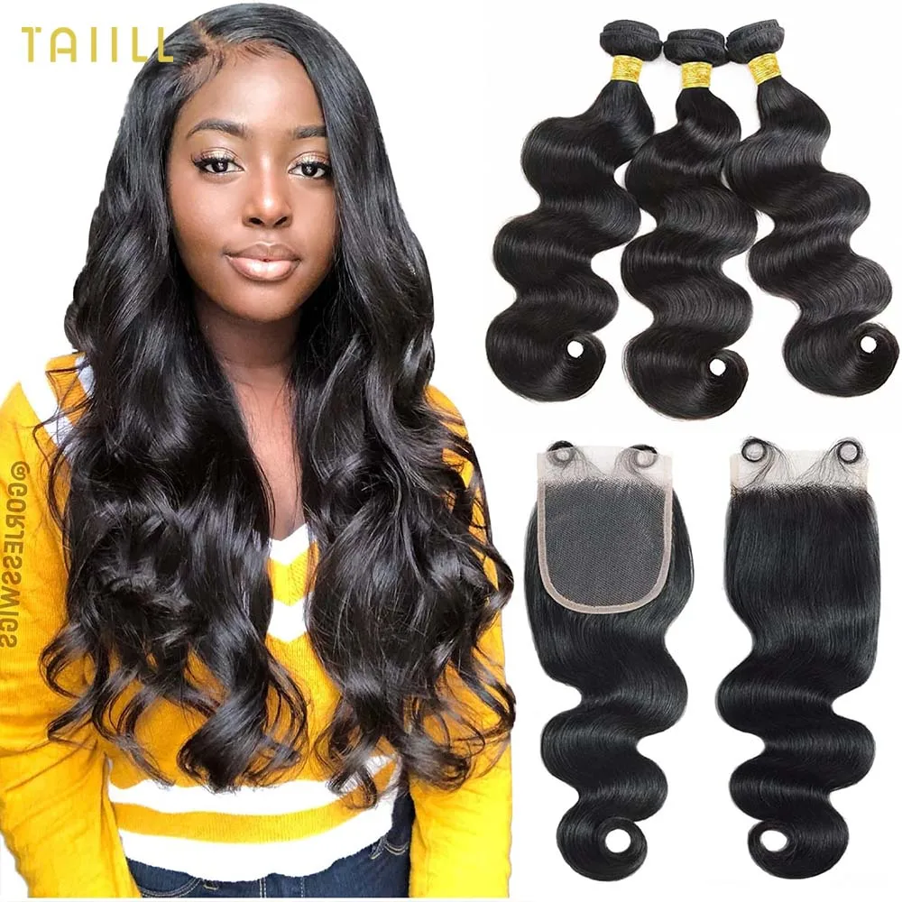 Body Wave Bundles with Lace Closure Brazilian Human Hair Weave Bundles with Closure Virgin Hair Weft 150% Density Natural Color