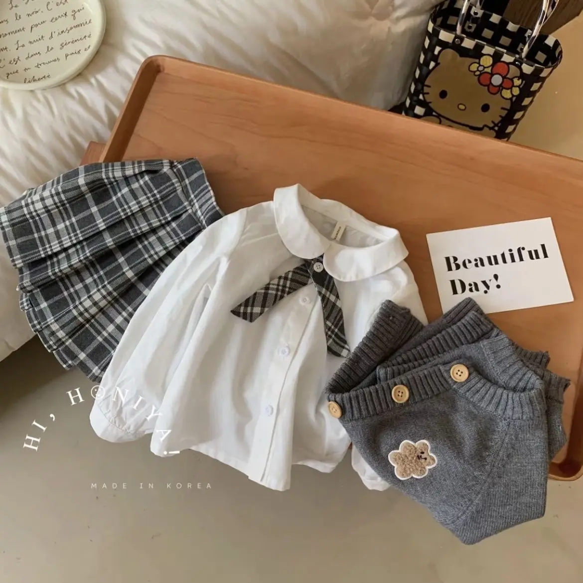 3 PCS set Autumn Spring Girls sets Lapel Shirt+Pleated skirt + Cute Cardigan Knit Coat Kid Children Toddle baby Suits Kid Clothe
