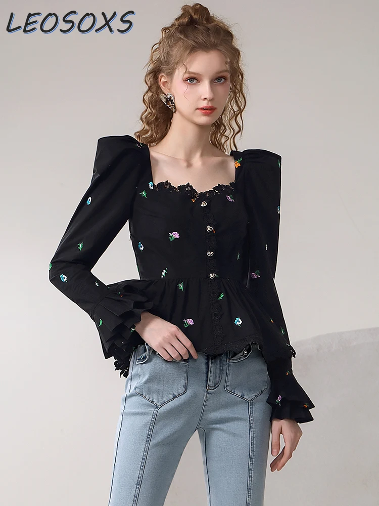 Socialite Fresh Commuter Embroidery Floral Shirt 2024 Early Spring New Peach Collar Waist Slimming Long Sleeve Blusas Top Ladies