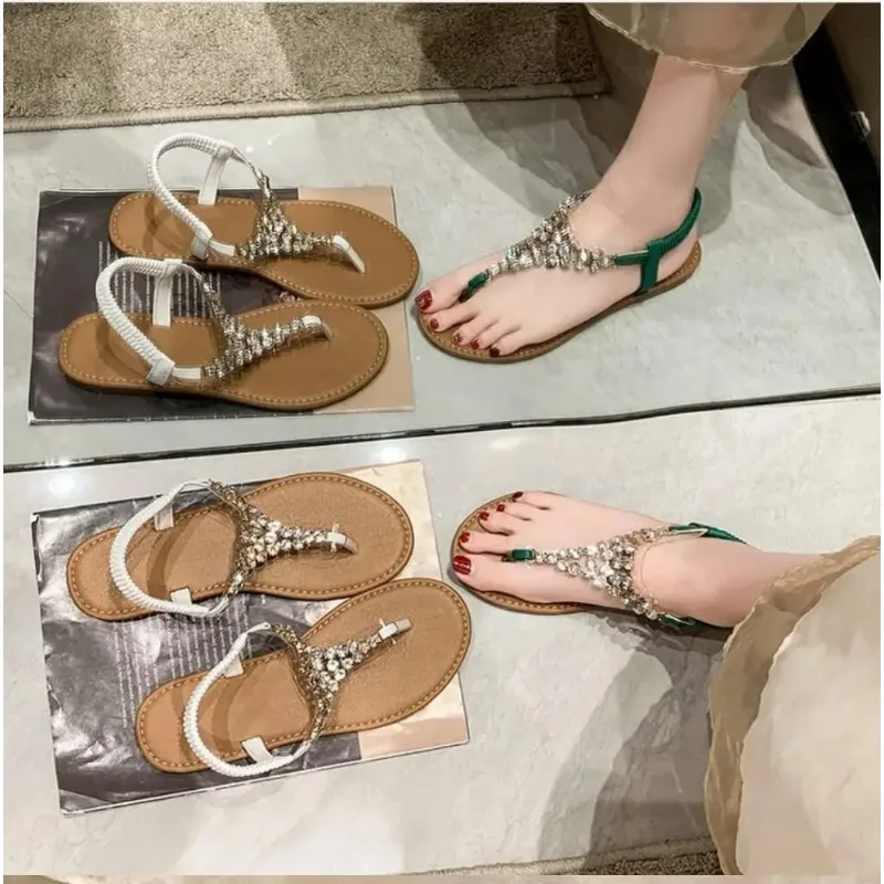 Womens Bohemia Sandal Luxur Rhinestone Fashion Clip-toe Sandals   Outdoor Slip-On Flat Slippers Summer Holiday Non-Slip Sandlias