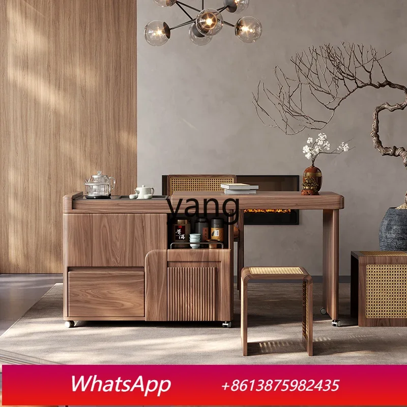 LMMItalian minimalist home retractable office tea table solid wood movable lifting tea cart
