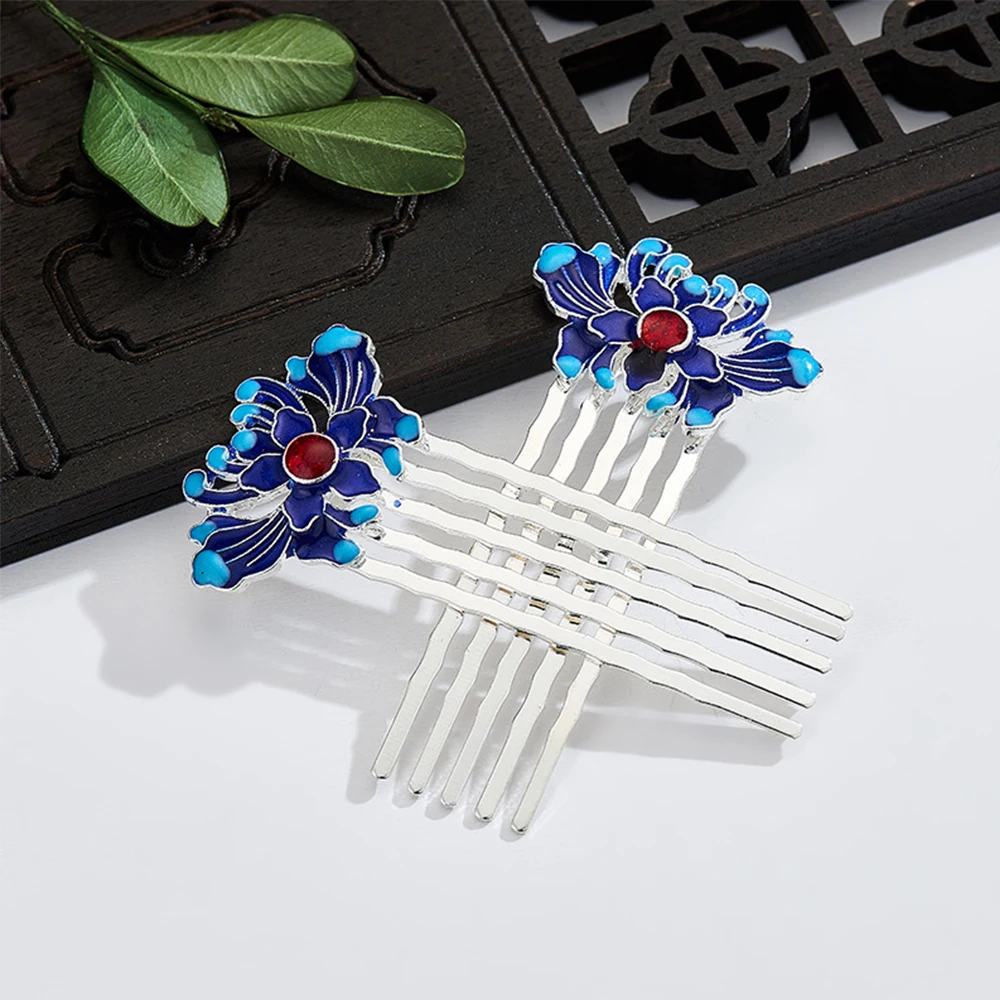 Elegant Green Classical Style Traditional Blue  Lotus Cloisonne Hair Comb Hanfu Hairpin Hair Accessories Headwear