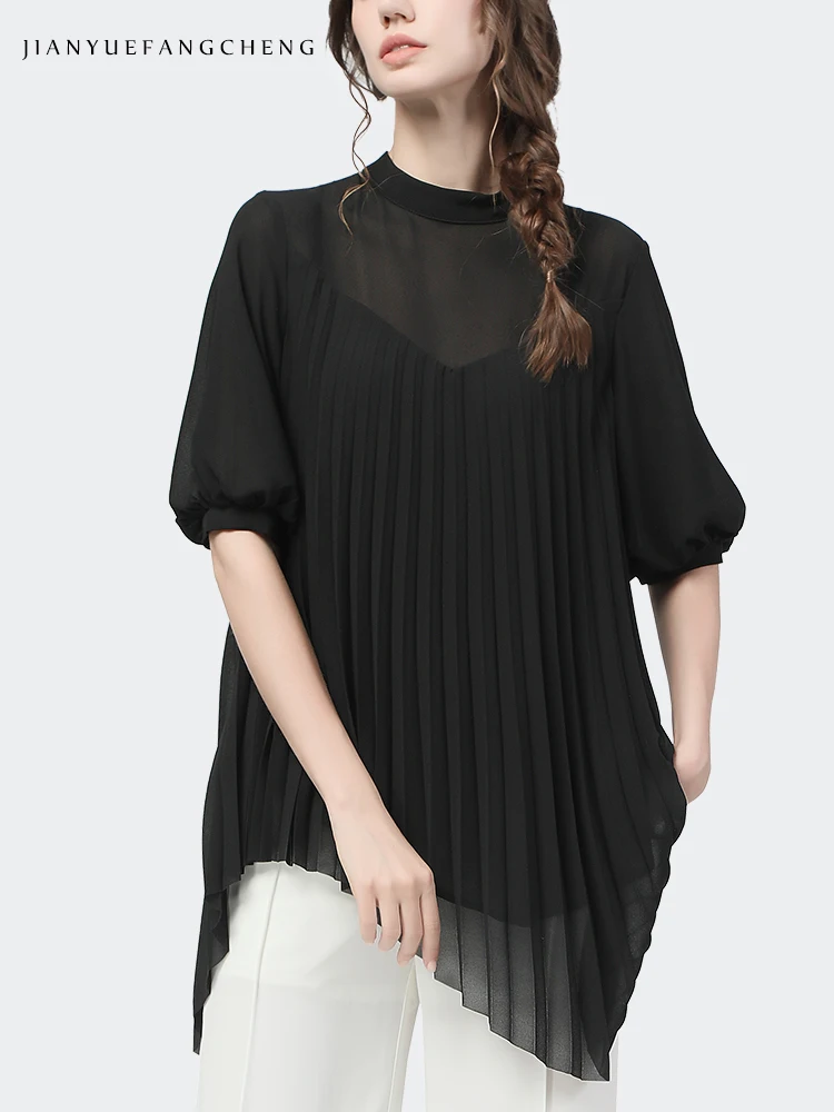 2023 Summer Chiffon Blouse Mid-length Black Lantern Sleeve Crew-neck Loose Plus Size Women\' Top With Belt Pleated Tops Shirts