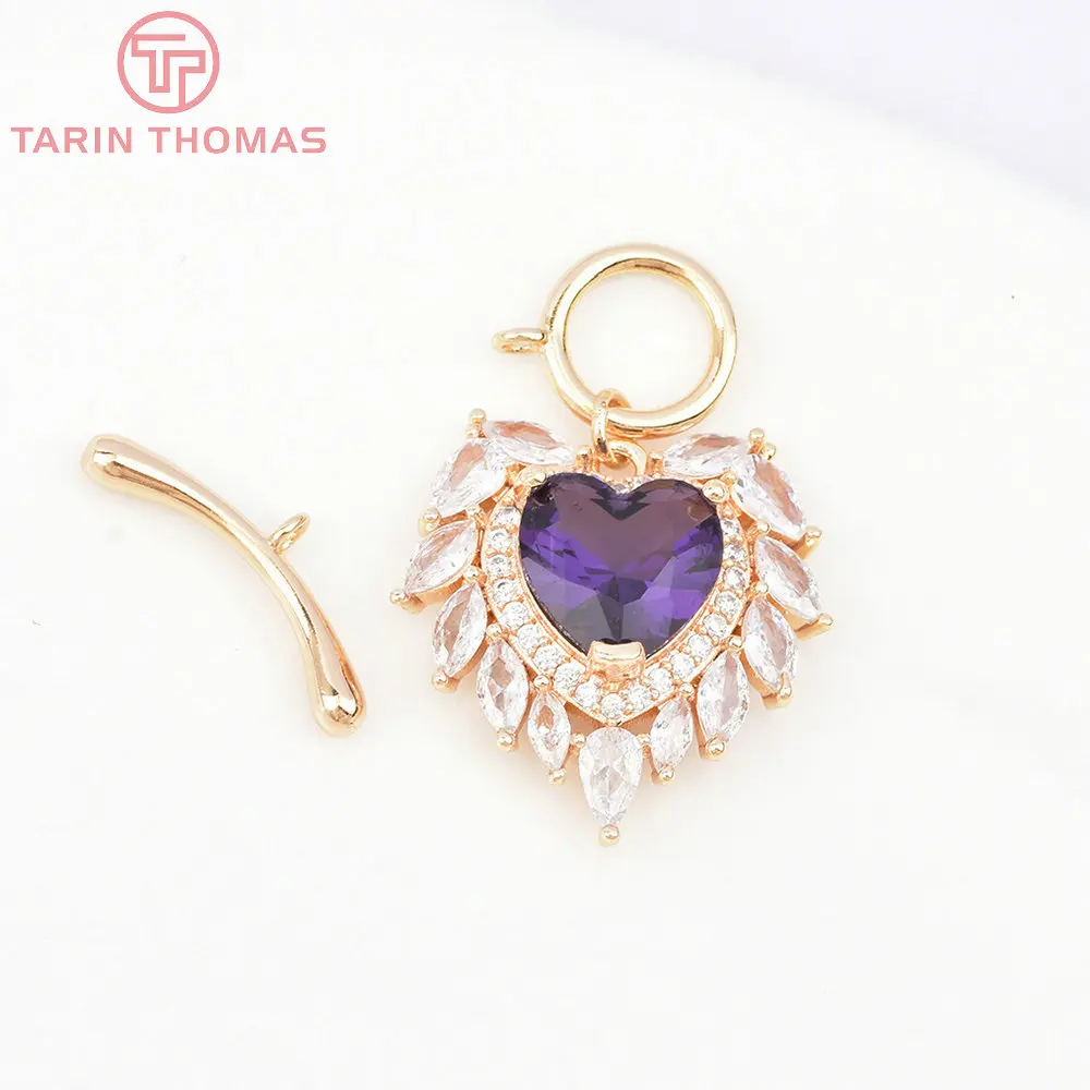 (3129)  24K Gold Color Plated Brass with Zircon Heart Bracelet O Toggle Clasps High Quality Jewelry Making Findings Accessories