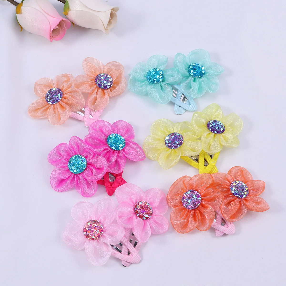 

28Pcs Rhinestone Flower Hair Clips for Sweet Gauze Hairpins Barrettes Matching Daily Outfits Perfect Gift
