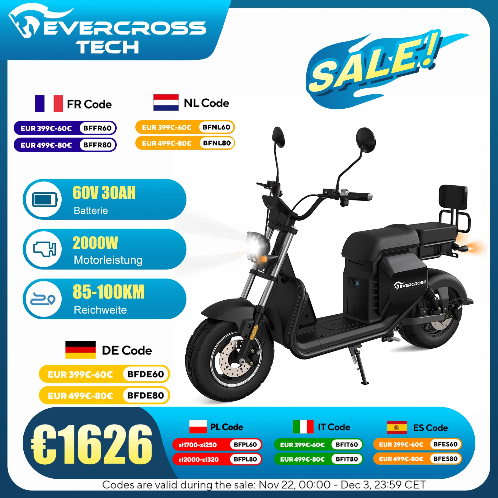 EVERCROSS TECH 702 Motorbike with 60V/30Ah lithium battery & Engine ultra Powerful watts, Up to 85 km