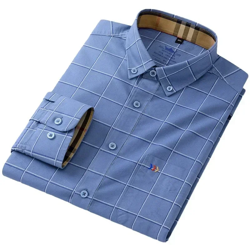 Camisa Oxford 100% de algodón de doble color con cuello de manga larga, camisa informal de algodón sin bolsillos bordada para hombre, regalo de lujo al por mayor