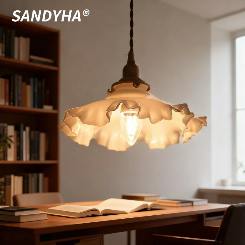 SANDYHA Flower Glass Chandelier Nordic Retro Pendant Light LED Lighting Art Decor Entrance Corridor Restaurant Cafe Bar