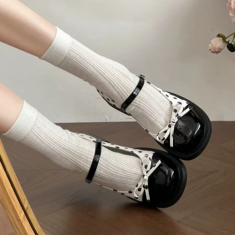 Women Polka Dot Two-Tone Bow One Strap Buckle Platform Block Heel Mary Jane Shoes,Preppy JK Lolita Shoes,Platform Block Heels - view 4
