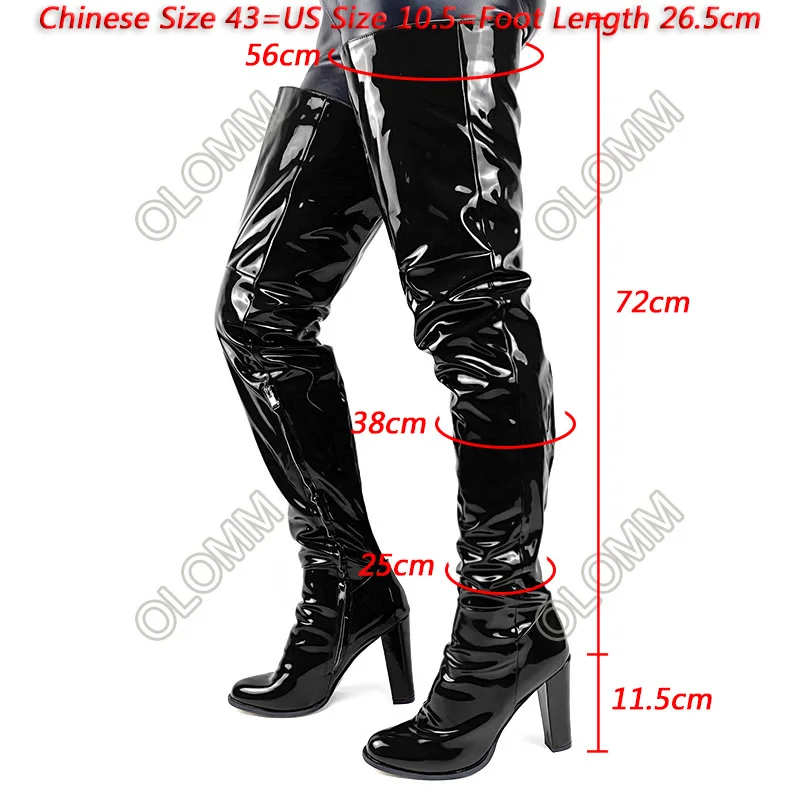 Ronticool Handmade Women Winter Thigh Boots Glossy Half Side Zipper Chunky Heels Round Toe Black Club Shoes Women Us Size 5-15