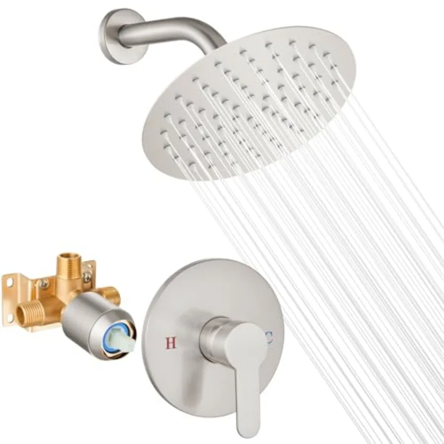 

Shower Faucet Set Round Rainfall Shower Head SUS304 Staless Steel Sgle Handle Shower Trim Kit Wall Mount Bathroom System with M