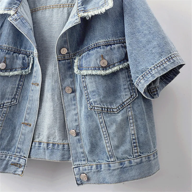 Zomer Vintage Lichtblauw Kort Denim Jasje Verzwakte Bramen Grote Zak Revers Korte Mouw Single-Breasted Jeans Jas Vrouwelijke Jas