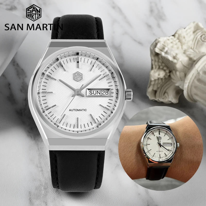 San Martin Men Dress Watch 37mm Luxury Fashion ST2100 Automatic Mechanical Sports Business Sapphire Grid Dial Date & Day Window