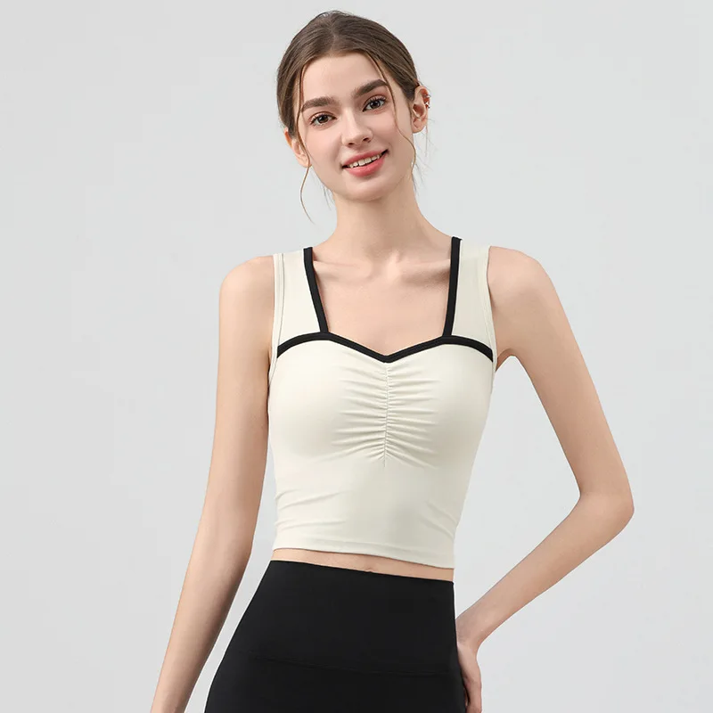 

New Summer Women Stitching Color Yoga Wide Shoulder Straps Tank Tops Elastic Breathable With Chest Pad Vest Fitness