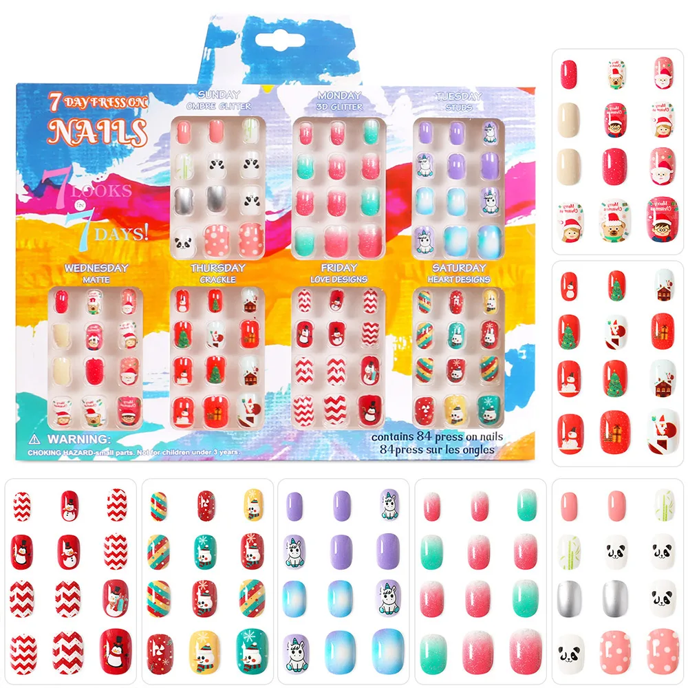 

84pcs Kids Press On Nails Unicorn panda False Fake Nails Full Cover Stick On Nails Children Nail Stickers False Nail Decor