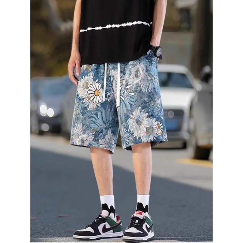 Chinese Style Comfortable Minimalist Casual Men\'s 2024 Summer Printed Elasticized Printed Drawstring Pocket Fashion Loose Shorts