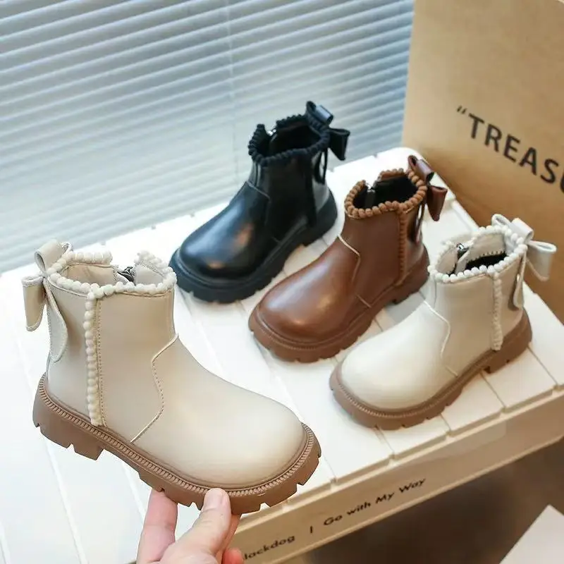 

26-36 модные теплые плюшевые сапоги с бантом для девочек, детские зимние сапоги для девочек, зимняя кожаная нескользящая обувь, осенние сапоги для больших детей