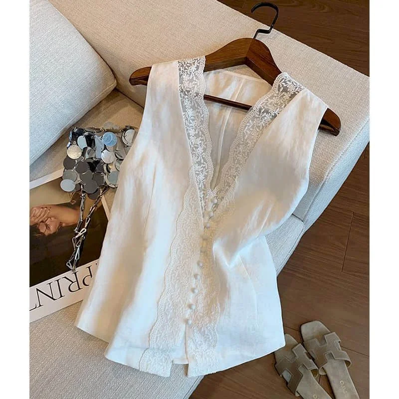 Westen mit V-Ausschnitt im Lässigen Koreanischen Stil, Einreihig mit Spitze und Rüschen, Patchwork Crop Tops, Klassisch-Ästhetische Sommermode 2026 für Damen
