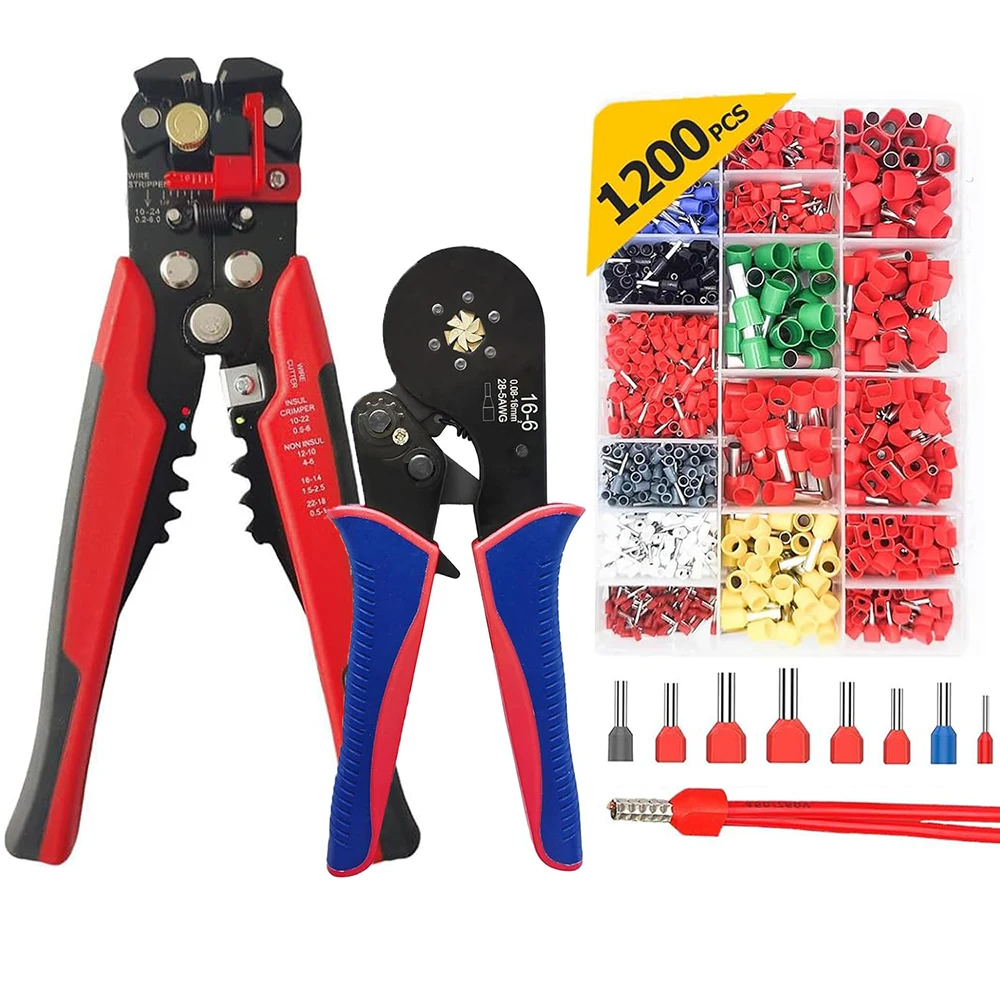 Hexagonal Ferrule Crimp Tool kit AWG 28-5 (0.08-16mm²)Wire Ferrule Crimper with 1200PCS Wire Ferrule Connector and Wire stripper