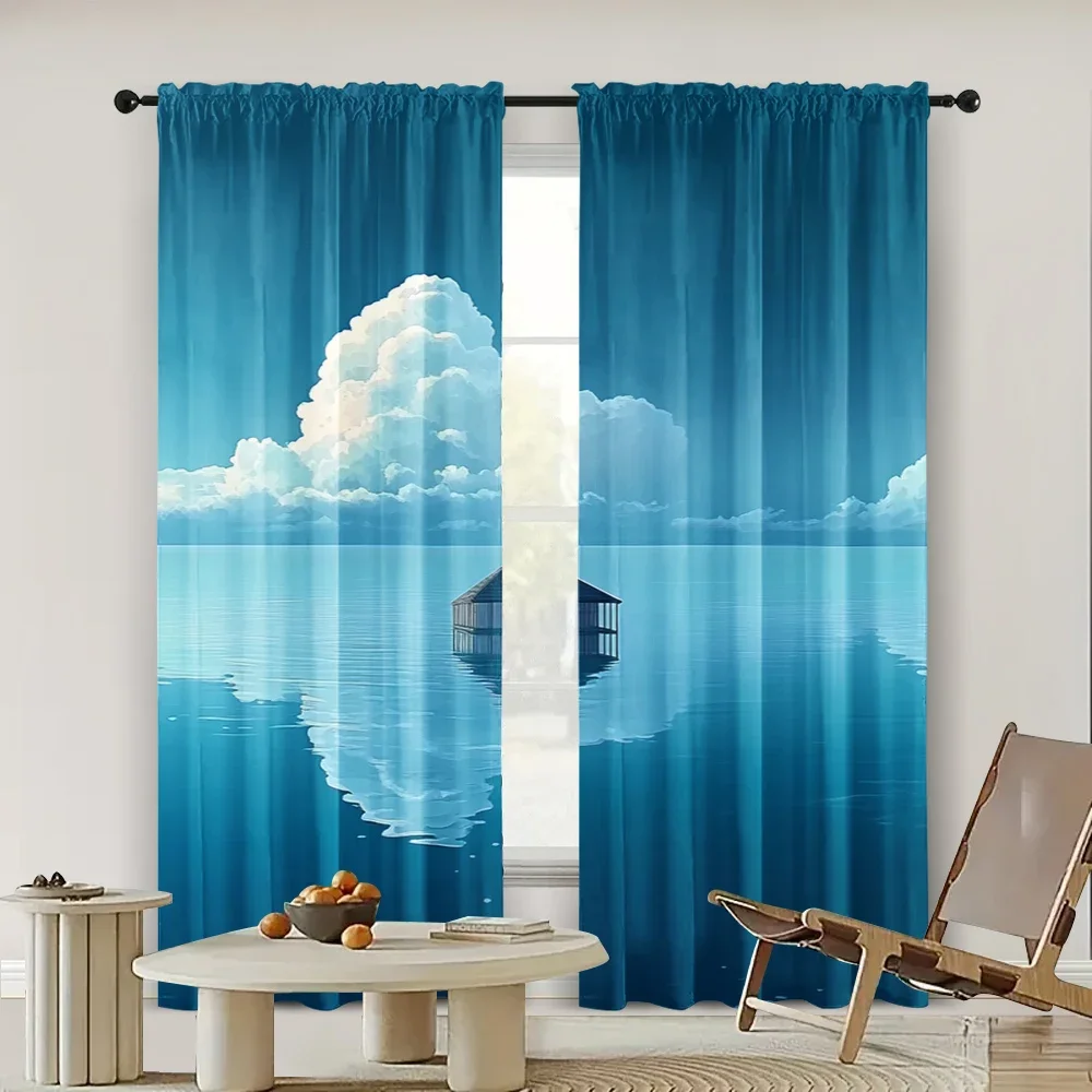 2pc,  Curtain Clouds look at the tower by the sea Machine Washable Polyester,Without Electricity Birthday Party Perfect for