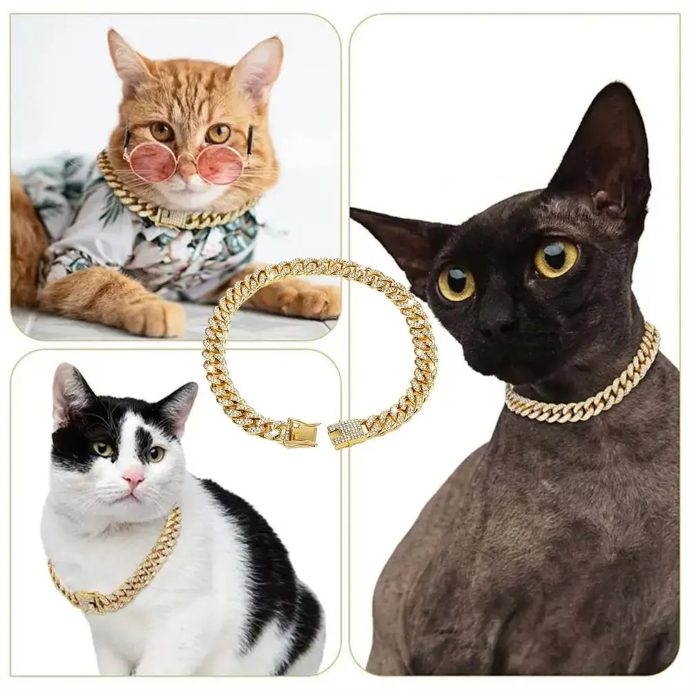 Dog Collar Sparkling Rhinestone Chain Collar for Small Medium Dogs Metal Cat Necklace with Gold Link Pet Jewelry Accessories