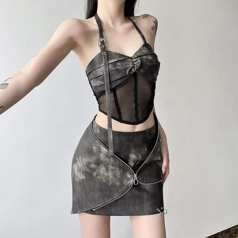 Two-Piece Suit Gray Crop Top Gothic Hip Hop Tank Tops Zipper Skirt 2024 Summer New Sleeveless Slim Sexy Women Corset Tops