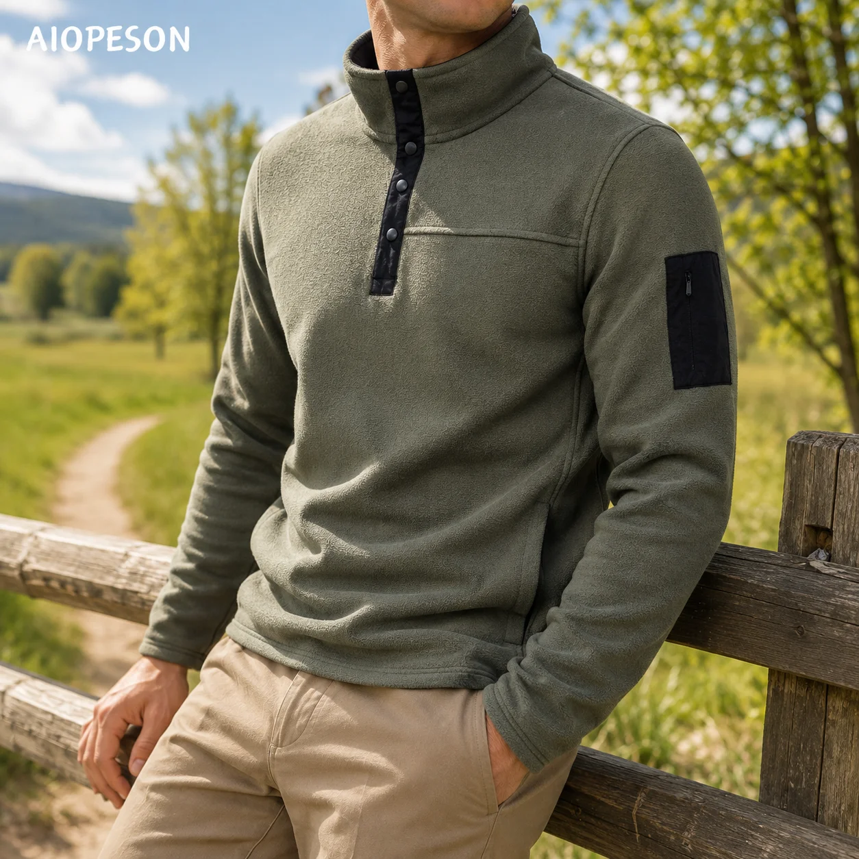AIOPESON Men's Fleece Multi Pocket Sweatshirt Stand Collar Snap Button Solid Casual Outdoor Pullover Fall Winter Warm for Men