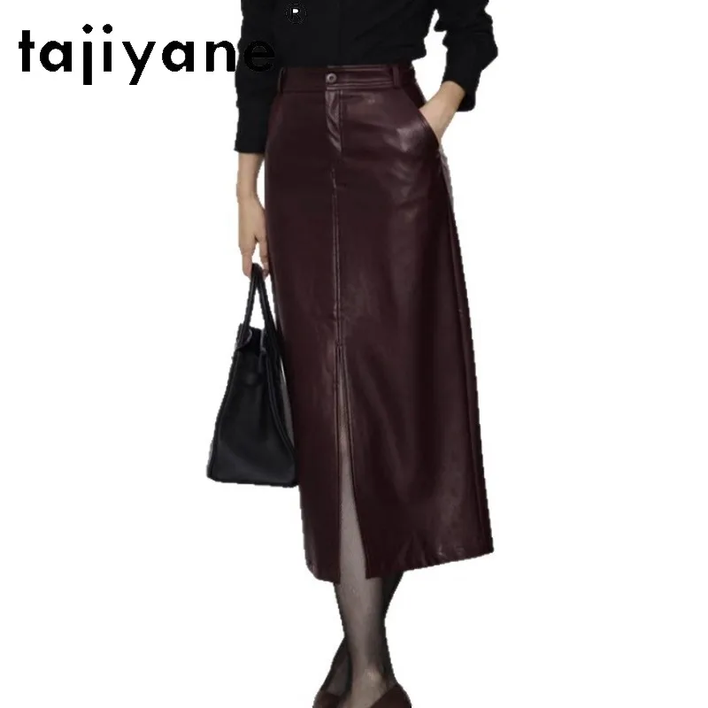 TAJIYANE Sheepskin Women's Skirts Genuine Leather Skirt Front Slit Straight Skirts for Woman High Waist Midi Skirt Office Lady