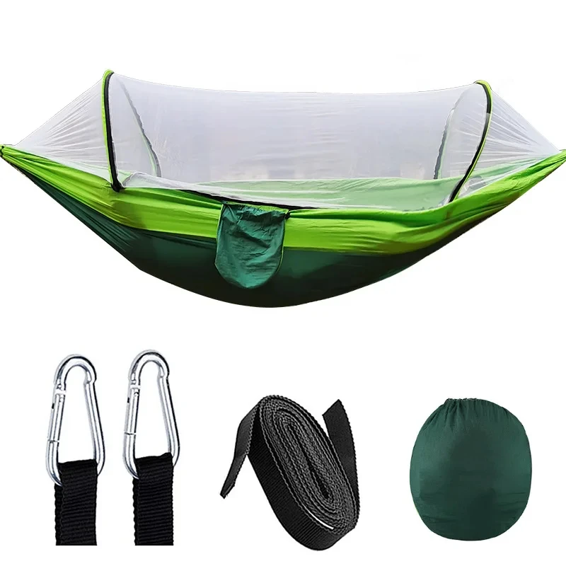 Hamac avec moustiquaire à ouverture rapide automatique, chaise à bascule en nylon anti-flexion, pôle de camping extérieur, 260x140cm