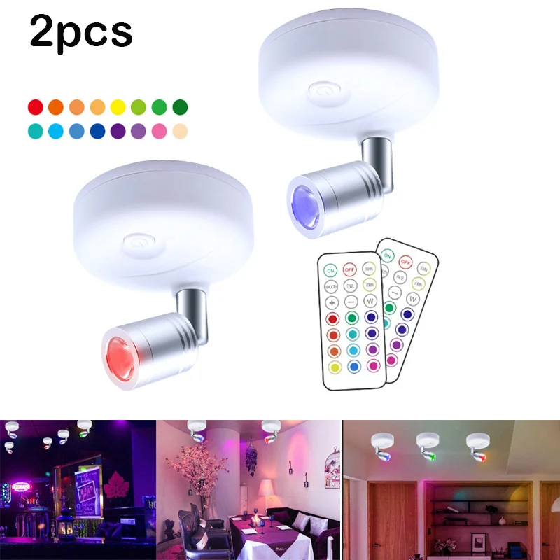 

2PCS Dimming RGB LED Cabinet light Battery powered Spotlight Remote control Closet Light for Showcase Wardrobe Living room decor