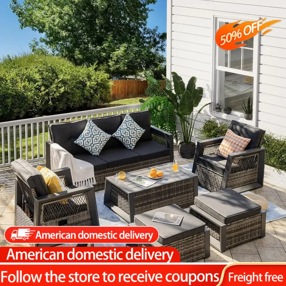 

Outdoor Furniture Set, 6 Pcs Patio Furniture Set with Aluminum Frame, Wicker Recliner Chairs with Ottomans, Modern Outdoor